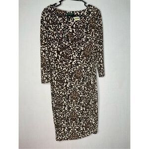 LAUREN Ralph Lauren Jersey Dress‎ Size 12 Damask Print V Neck 3/4 Sleeve Ruched